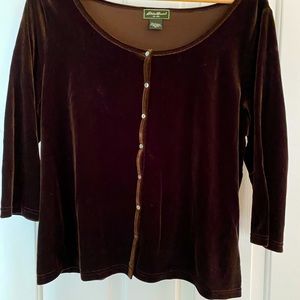 Eddie Bauer brown velvet, 3/4 sleeve, button down top (XLP) & a-line skirt (XL)